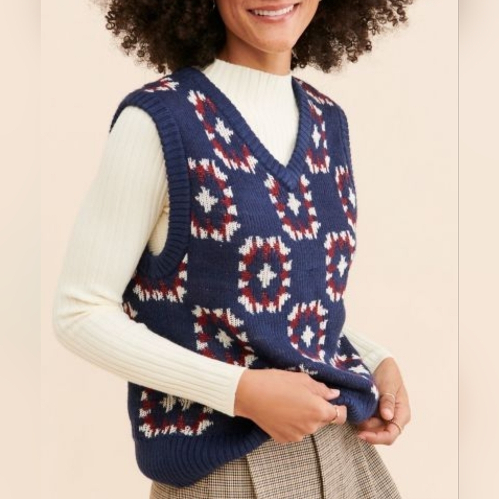 BDG Urban Outfitters Sleeveless V-Neck Granny Square Sweater Vest Blue White XS